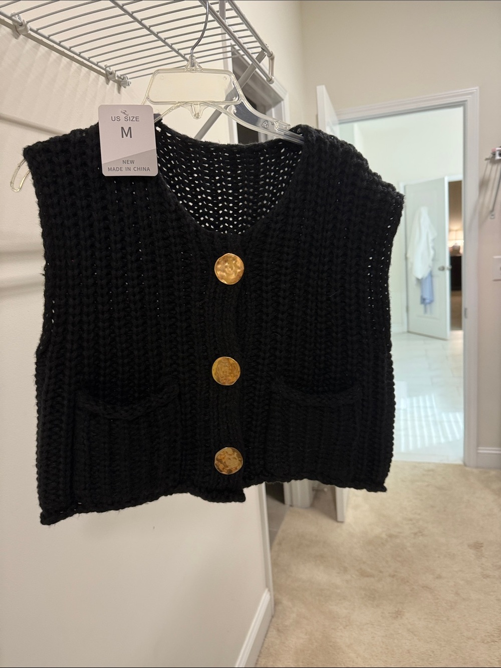 Chunky Black Cropped Knit Vest with Gold Buttons